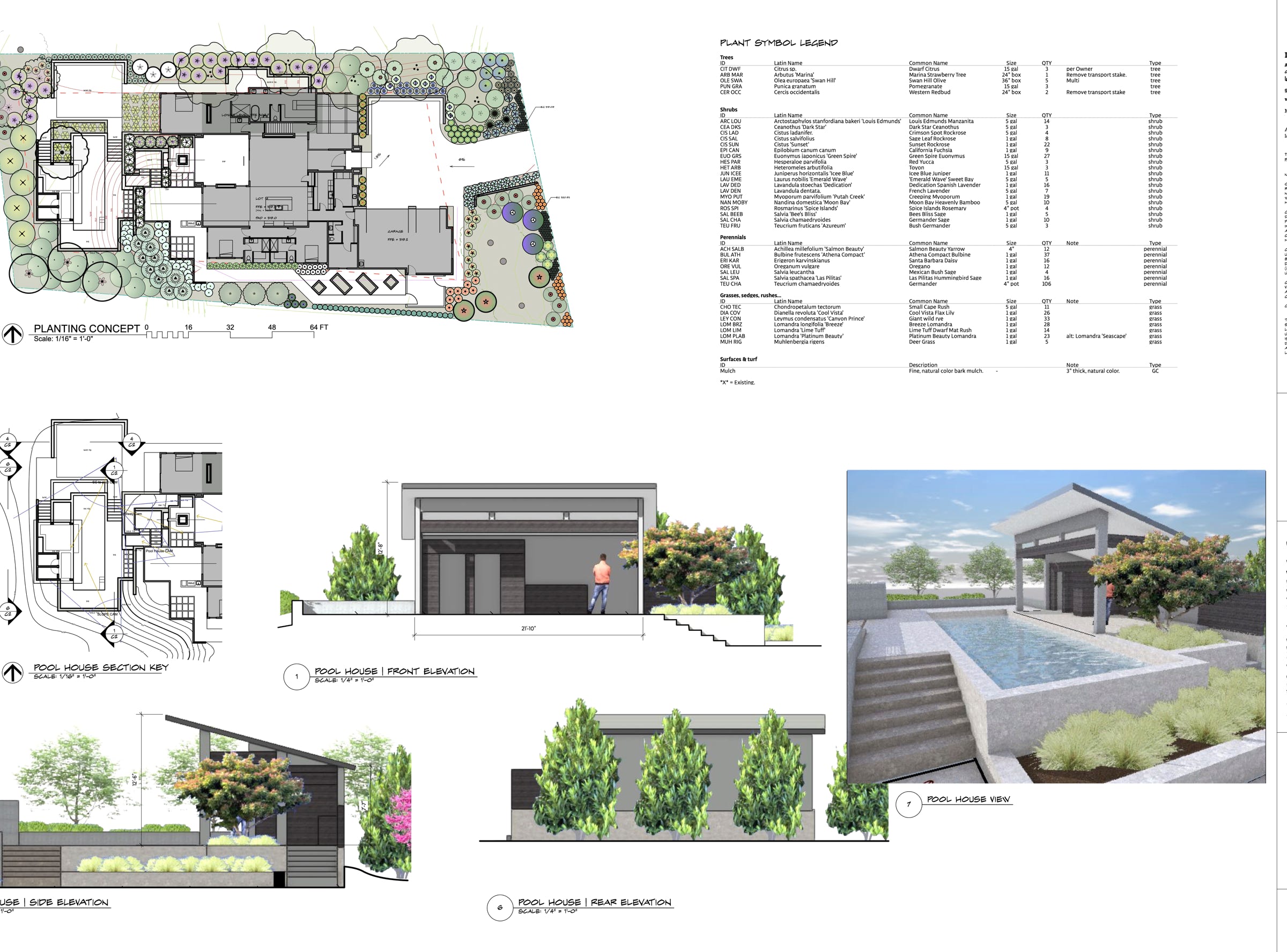 Detailed concept with planting, elevations and computer-generated perspective