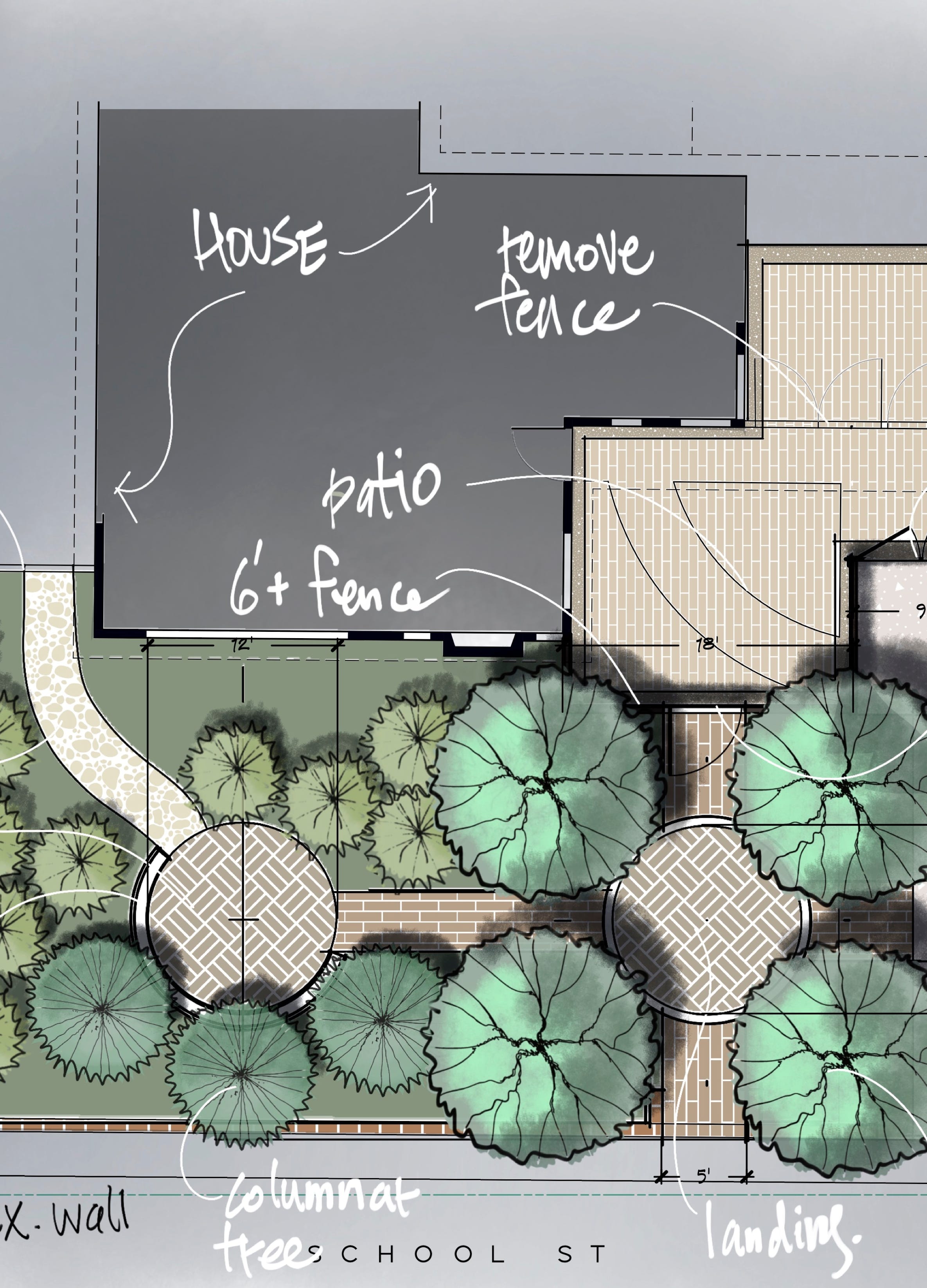 Quick concept for a front yard. A mix of privacy screening and patios creates usable space.